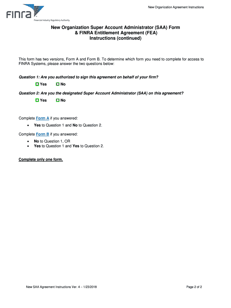  New Organization Super Account Administrator SAA & FINRA Entitlement Agreement FEA Instructions 2018-2024