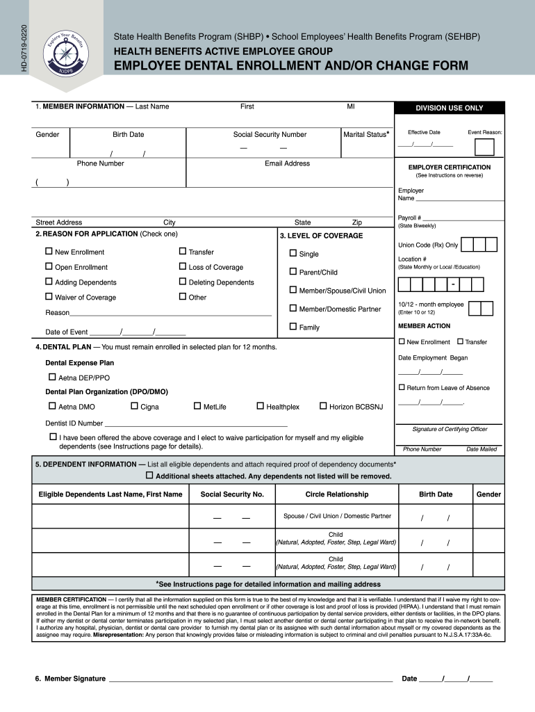 Hd0719 Health Benefits Active Employee Group Employee Dental Enrollment Andor Change Form