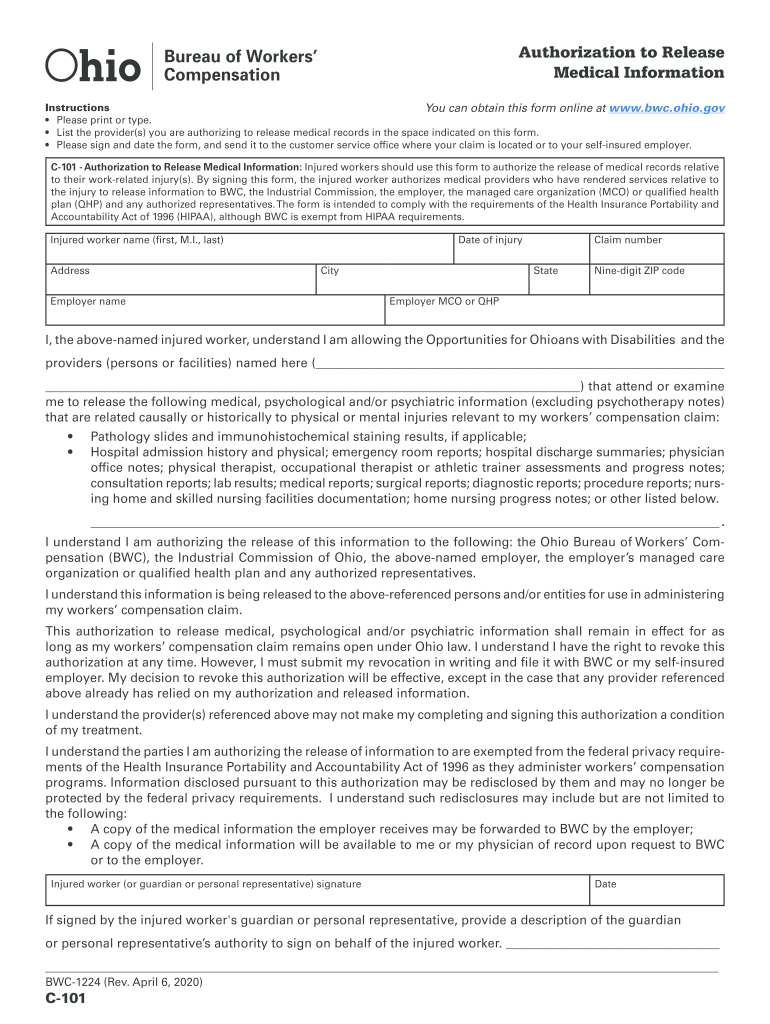 Authorization to Release Medical Information C Ohio BWC 2020-2025