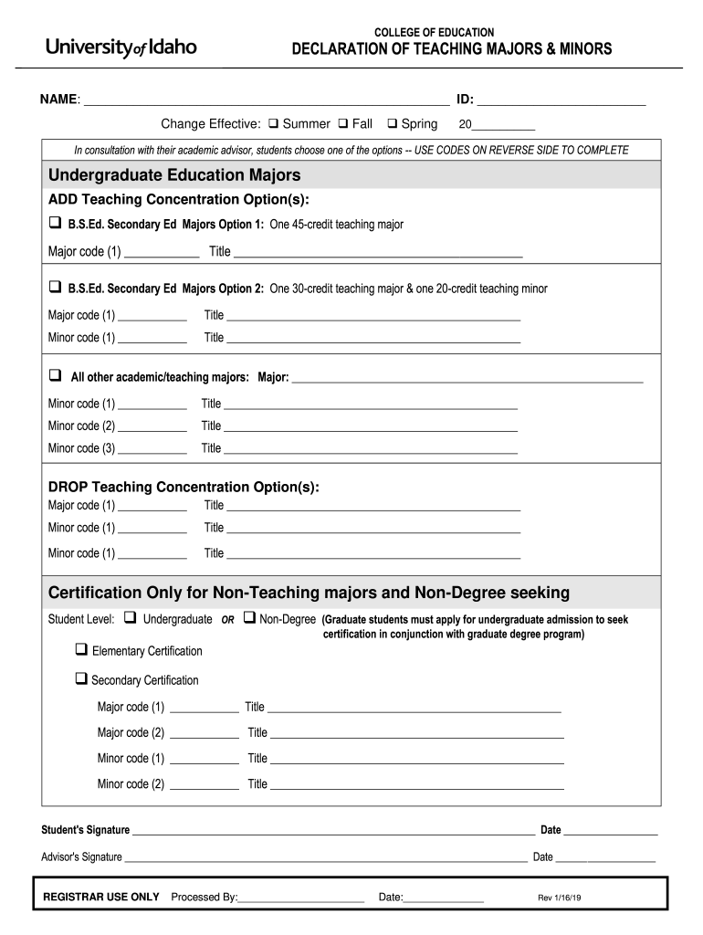 Get and Sign DECLARATION of TEACHING MAJORS & MINORS 2019-2022 Form