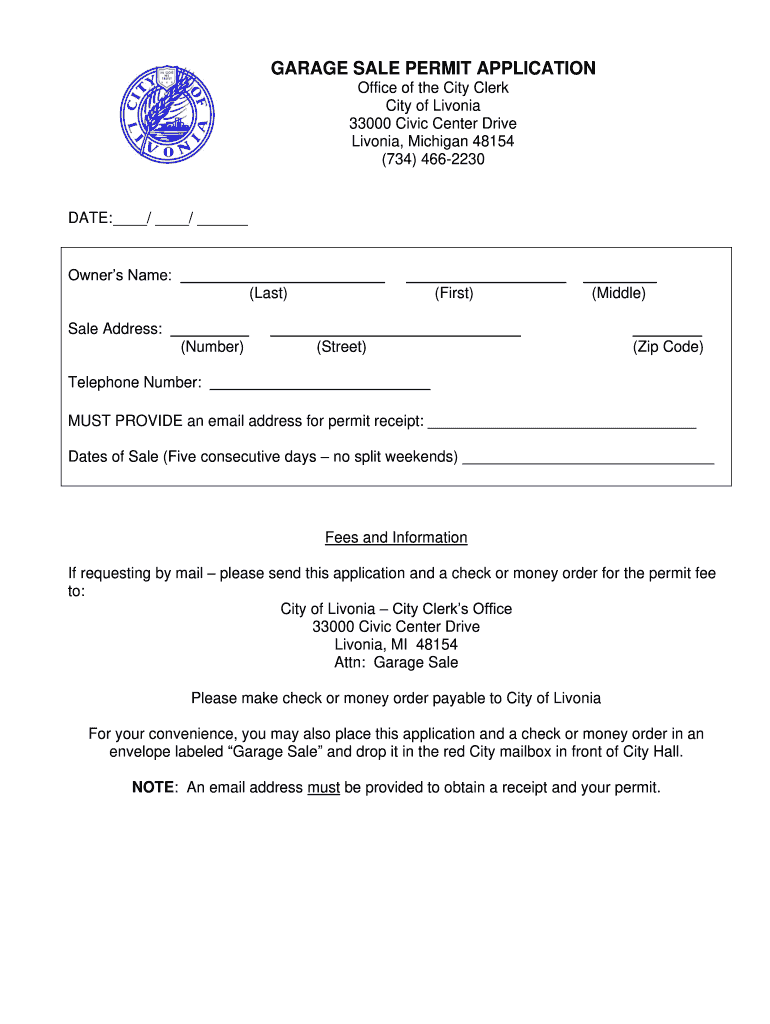 Livonia Garage Sale Permit  Form