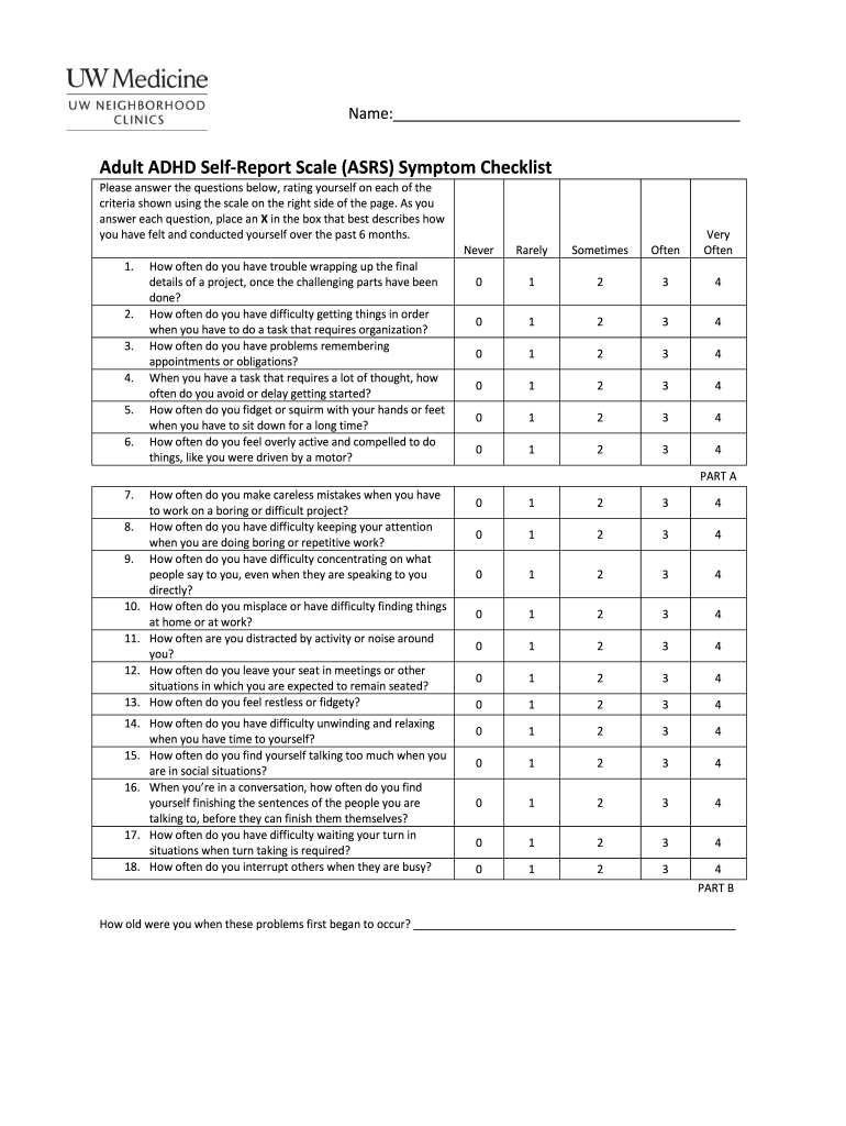Quick Adult ADHD Screening Quiz Adult ADHD Self Report Form - Fill Out ...