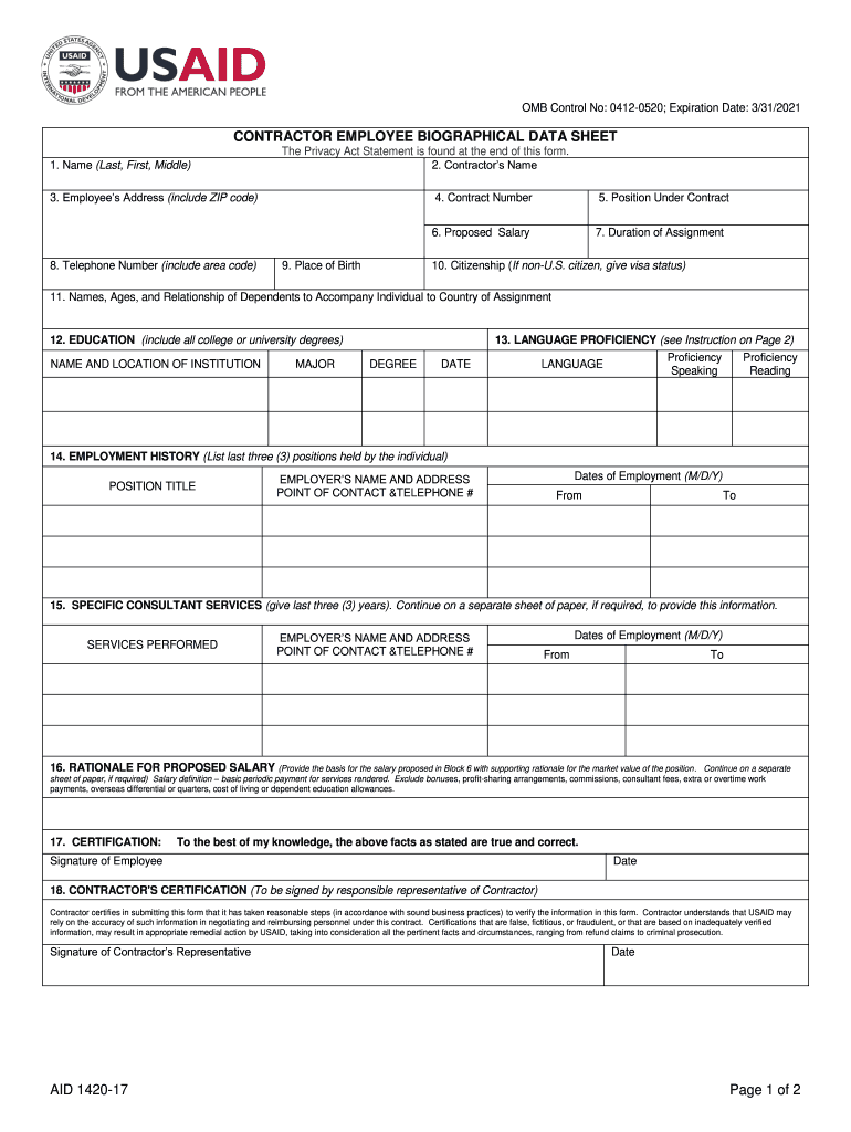 OMB Control No 0412 0520; Expiration Date 331  Form