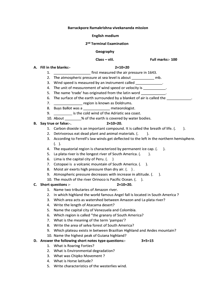 Ramakrishna Vivekananda Mission Barrackpore Question Paper  Form