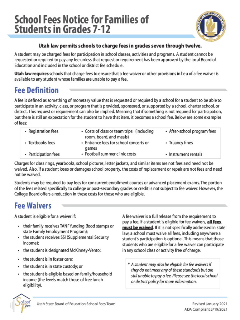  School Fees Notice for Families of Students in Grades 7 12 2021-2024