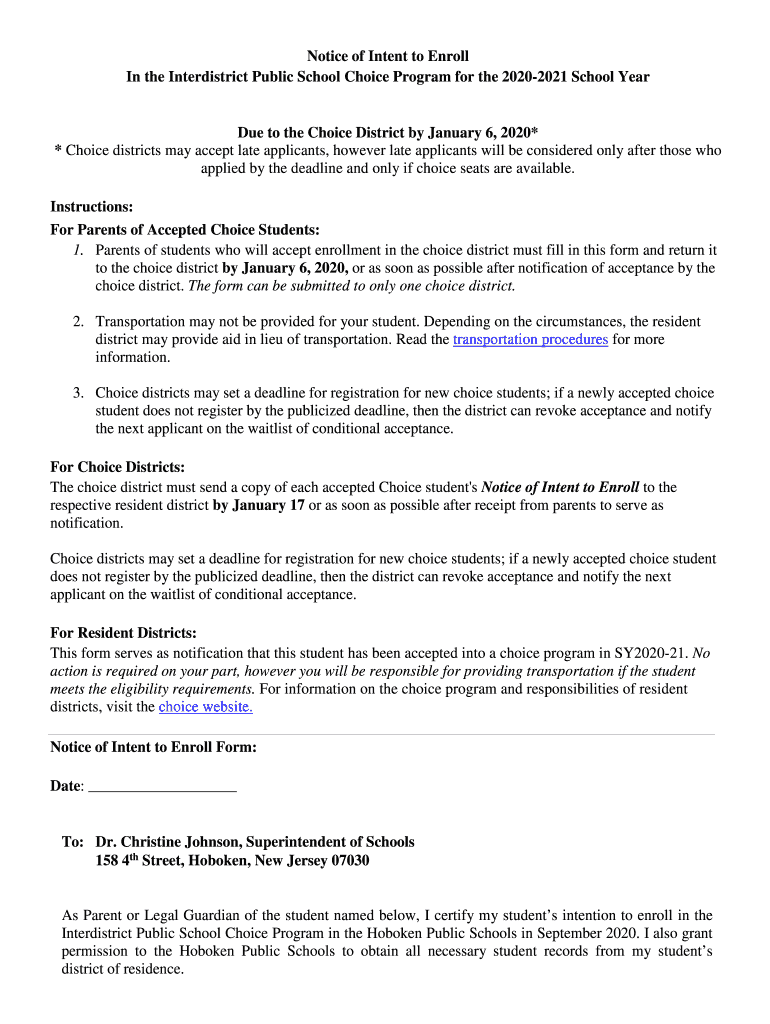  Notice of Intent to Enroll Hoboken Public School District 2020-2024