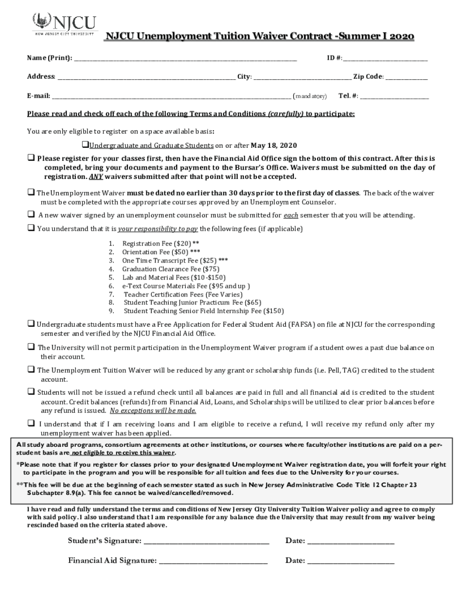 NJCU Unemployment Tuition Waiver Contract Summer I  Form