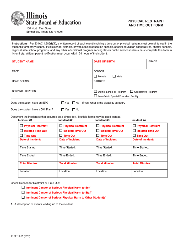  Physical Restraint and Time Out Form Illinois State Board of 2020