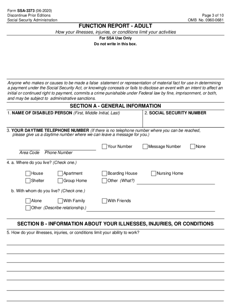 Function Report Adult Function Report Adult Form SSA 3373 BK