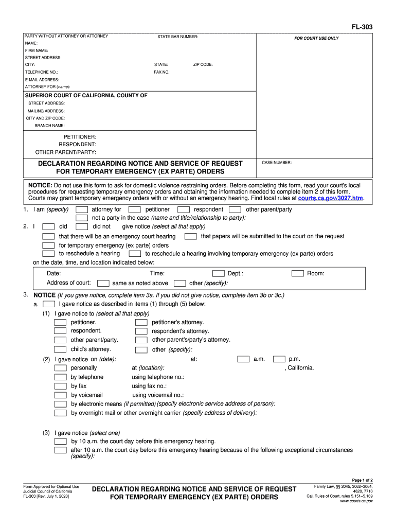  FL 303 Declaration Regarding Notice and Service of Request for Temporary Emergency Ex Parte Orders Judicial Council Forms 2020-2024