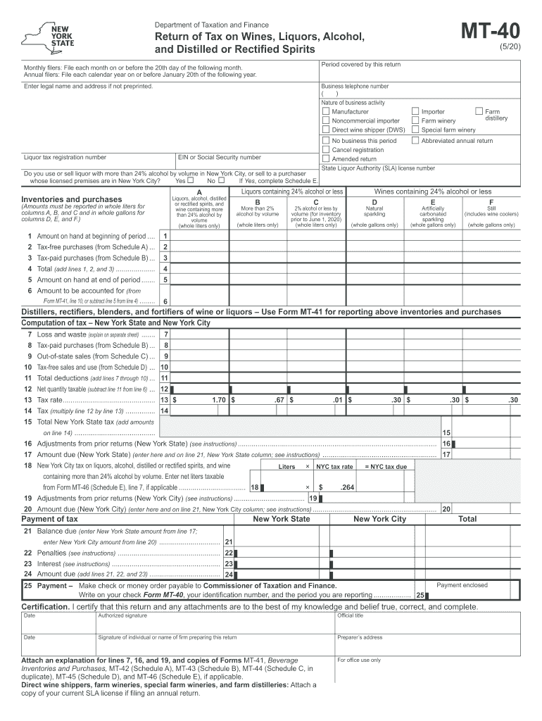  Form MT 40 Form MT 40 Return of Tax on Wines, Liquors, Alcohol, and Distilled or Rectified Spirits Revised 520 2020-2023