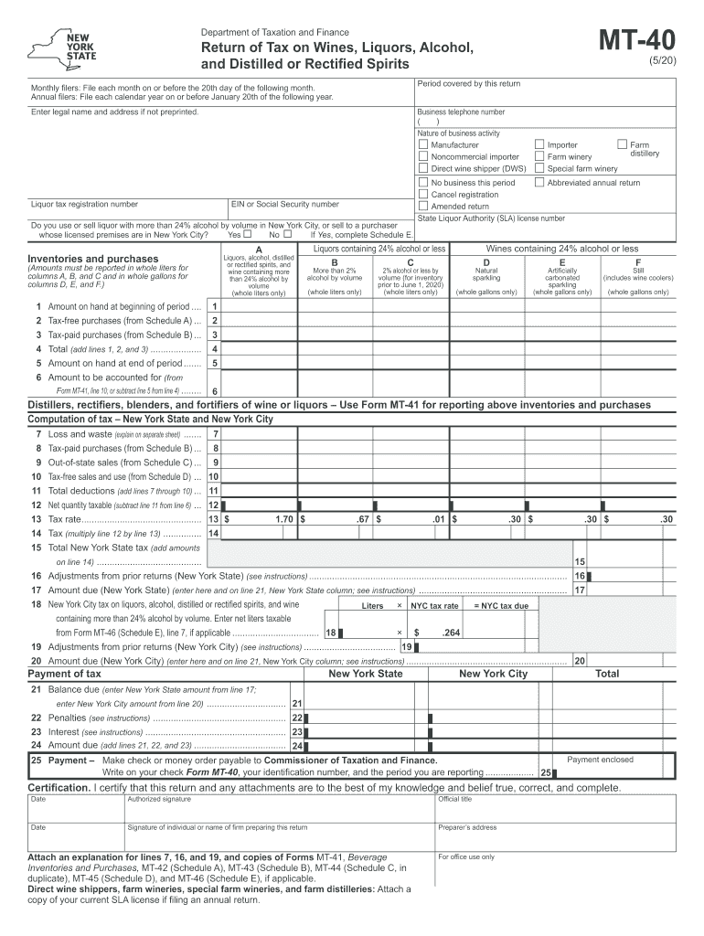  Form MT 40 Form MT 40 Return of Tax on Wines, Liquors, Alcohol, and Distilled or Rectified Spirits Revised 520 2020-2024