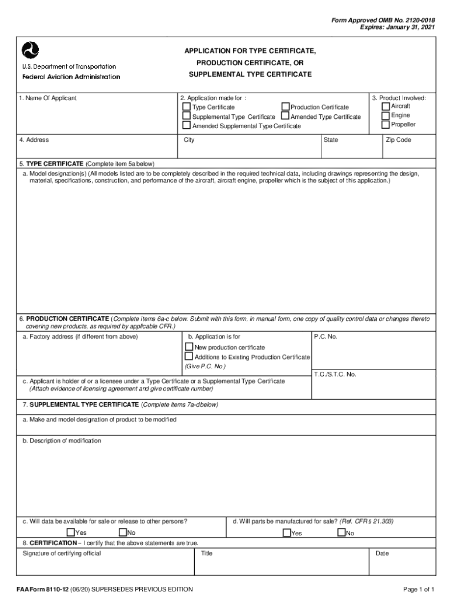 FAA Form 8130 1, Application for Export Certificate of 2020