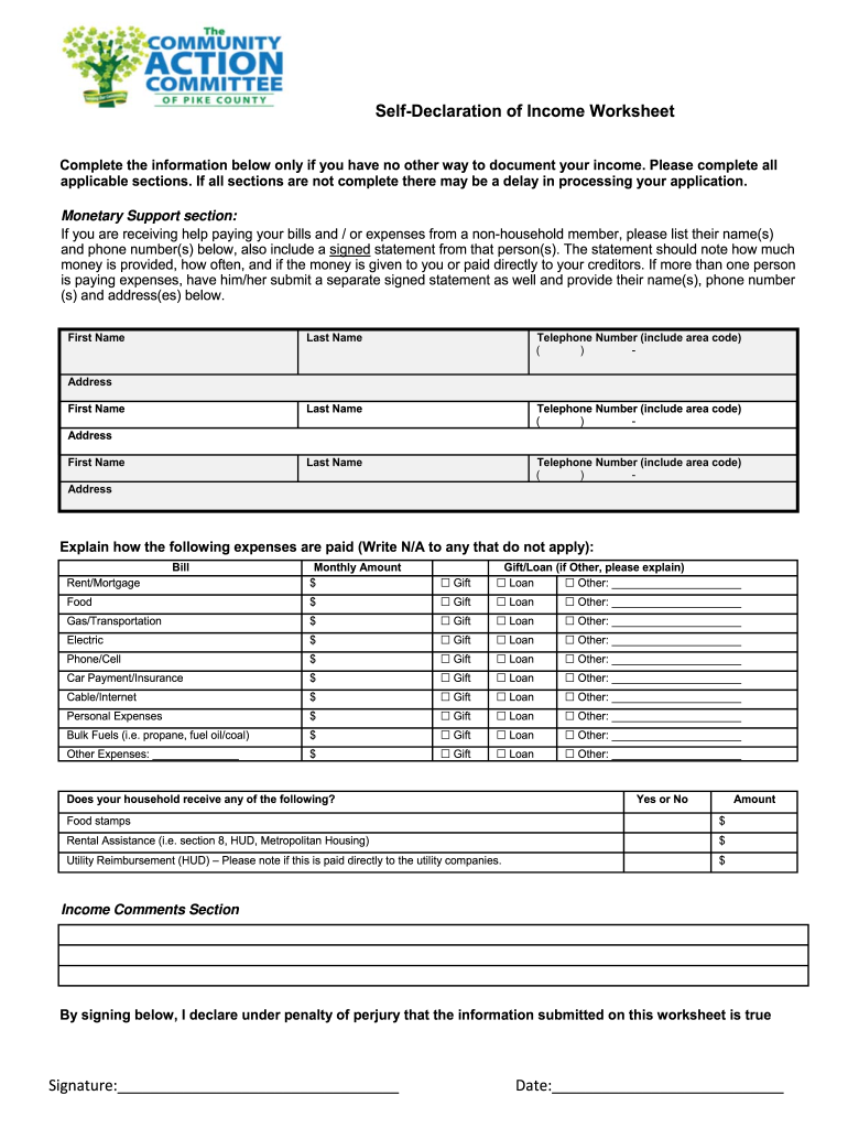 Self Declaration of Income Worksheet Ohio  Form