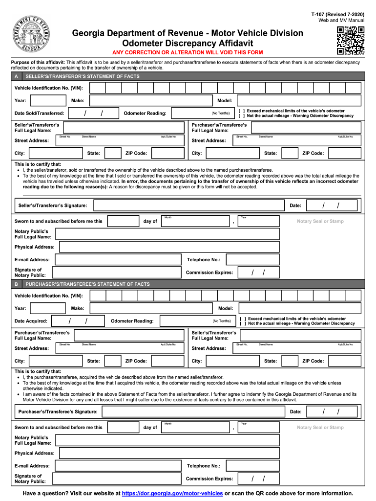  Form T 107 Odometer Discrepancy Affidavit 2020-2024