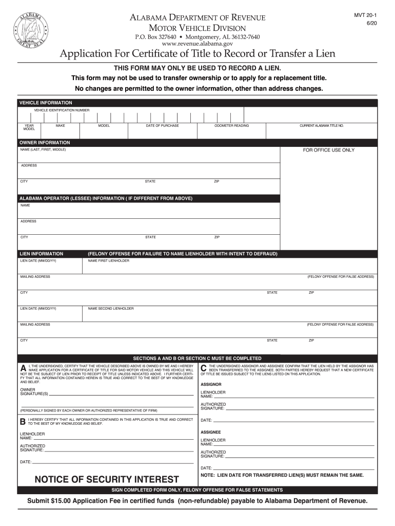Alabama Title Application Form PDF 2020-2025