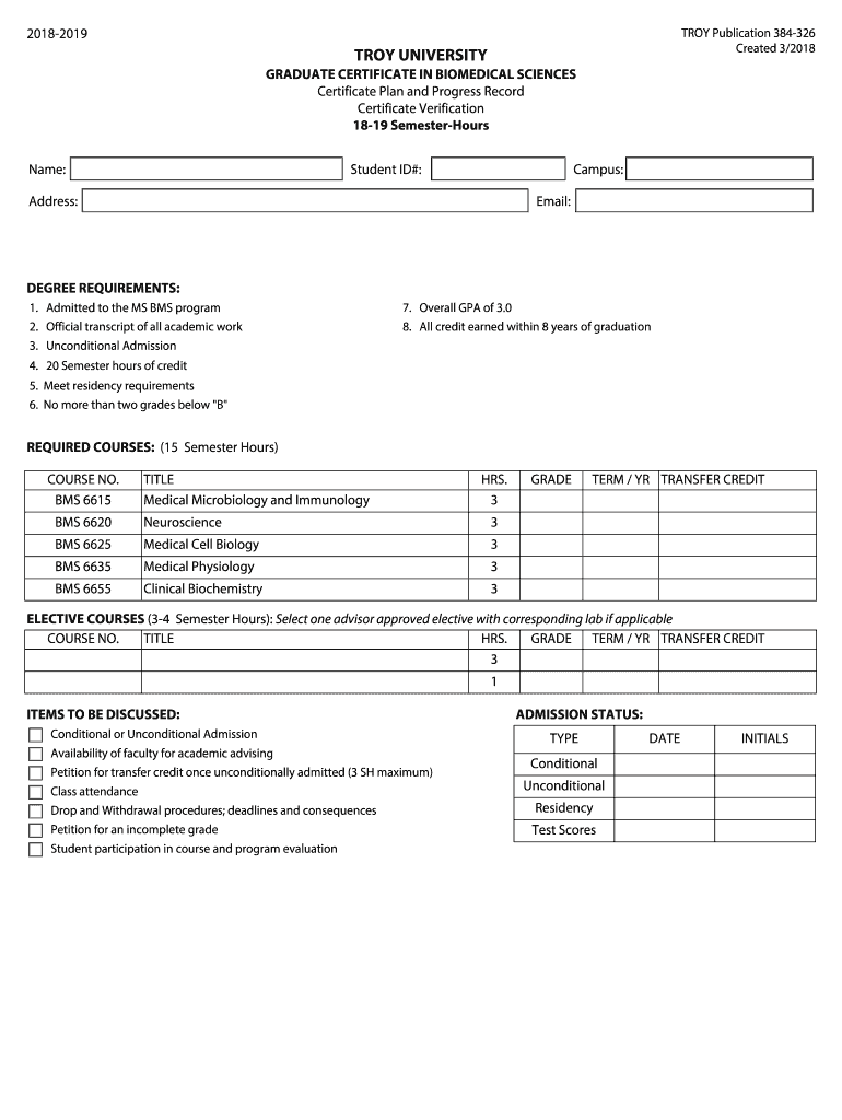  Graduate Certificate in Biomedical Sciences Troy University 2018-2024