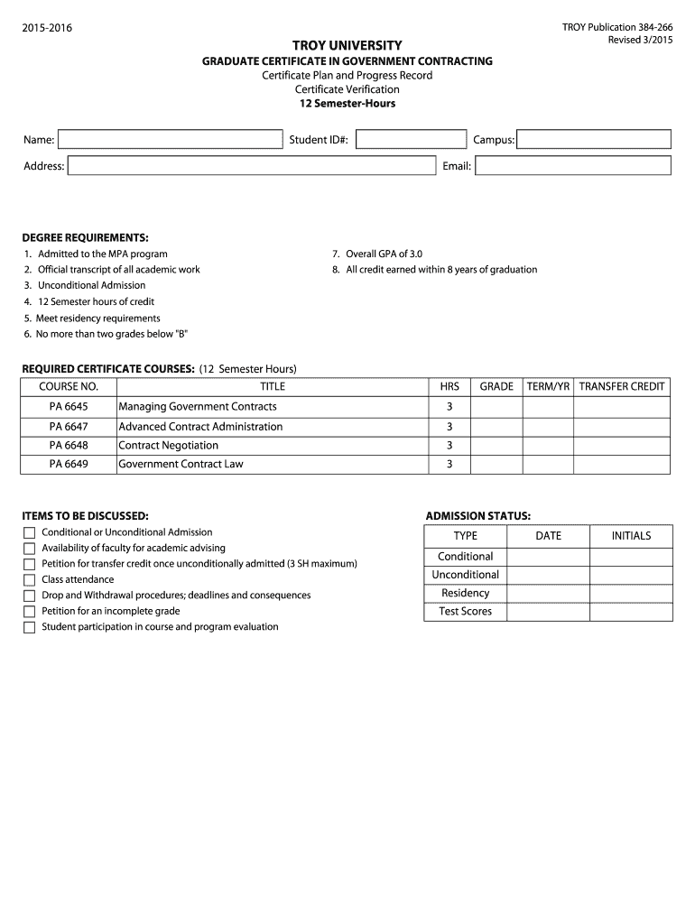  Graduate Certificate in Government Contracting Troy University 2015-2024