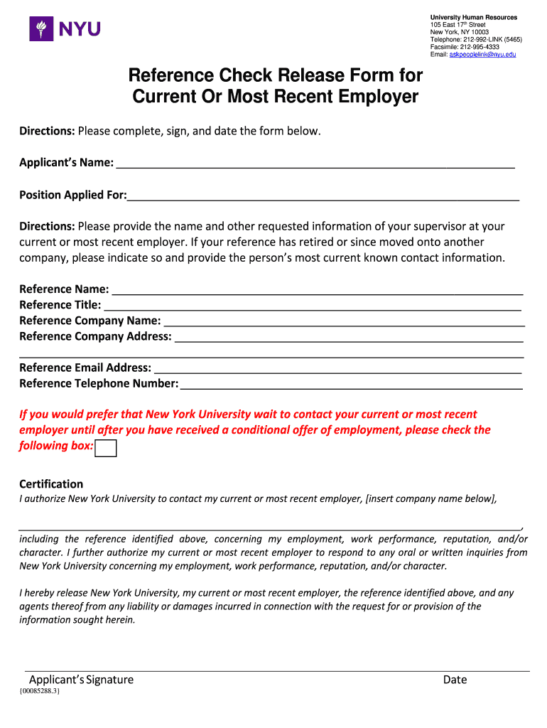 Employee Request for Verification of Employment Form NYU