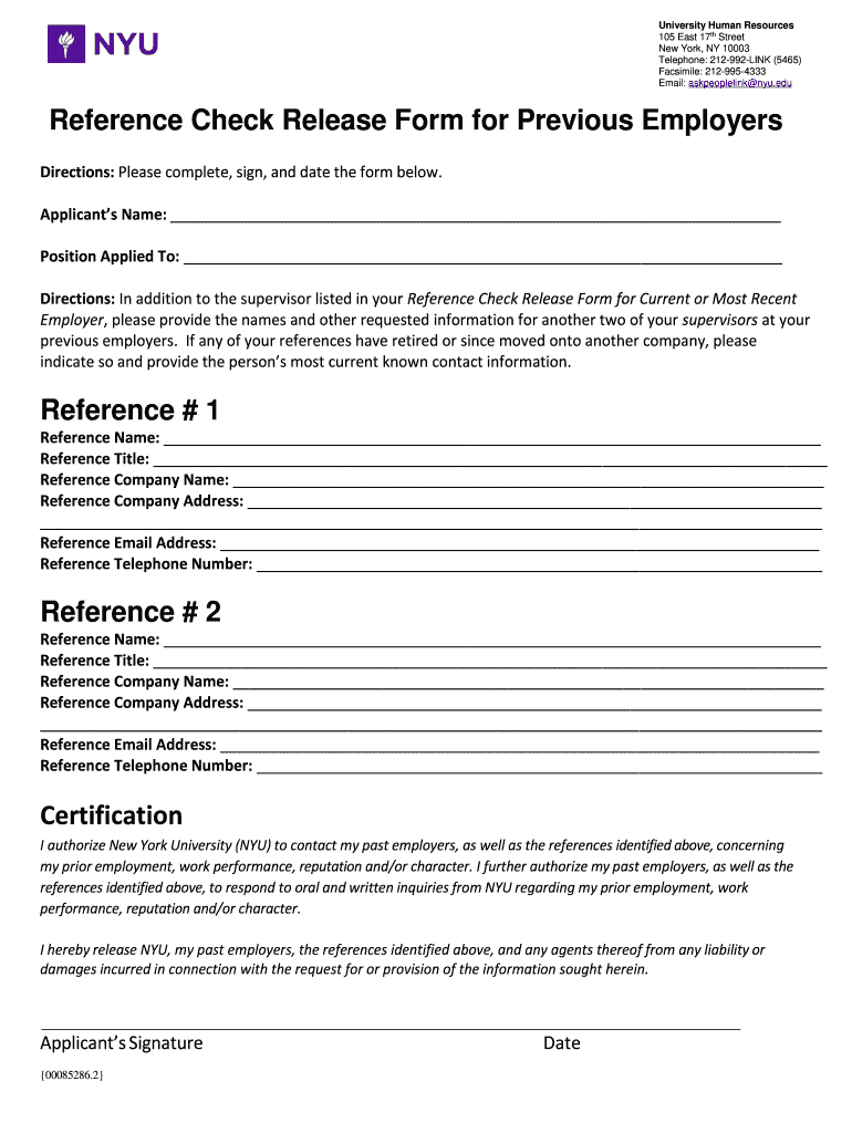 Reference Check Release Form for Former Employers NYU
