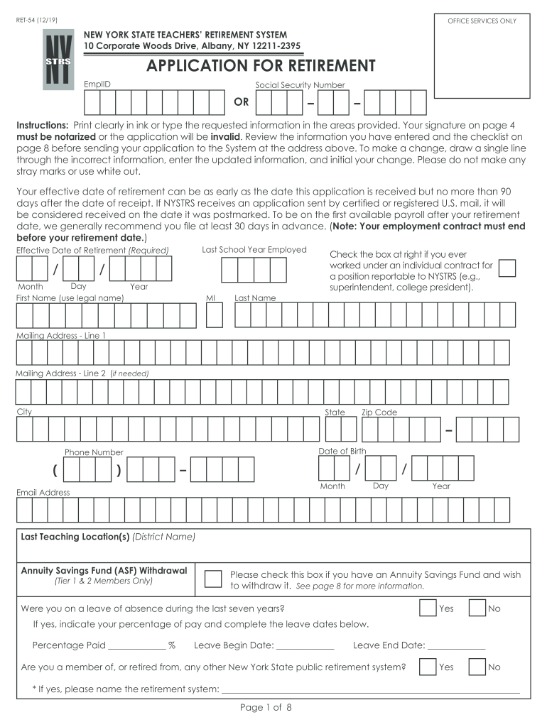  RET 54 Application for Retirement NYSTRS 2019-2024