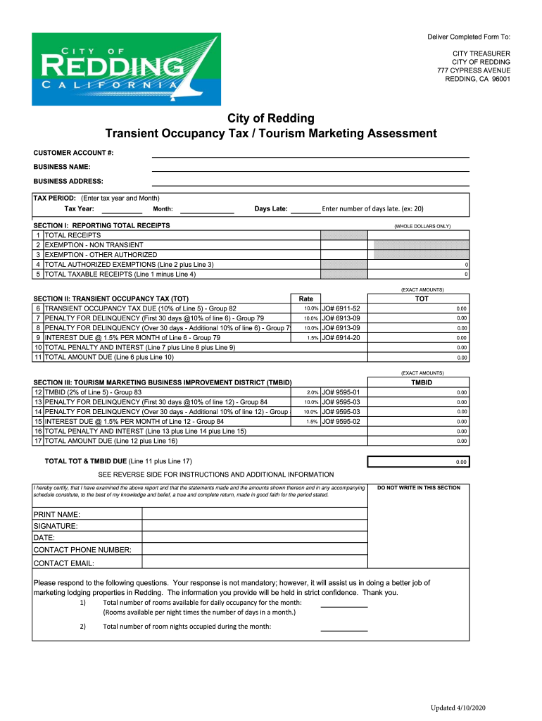 TOT TMBID Tax Form Xlsx City of Redding