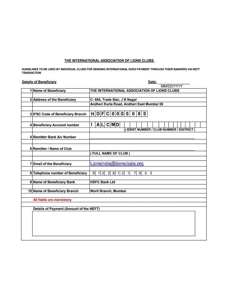 Lions Club International Dues Payment  Form