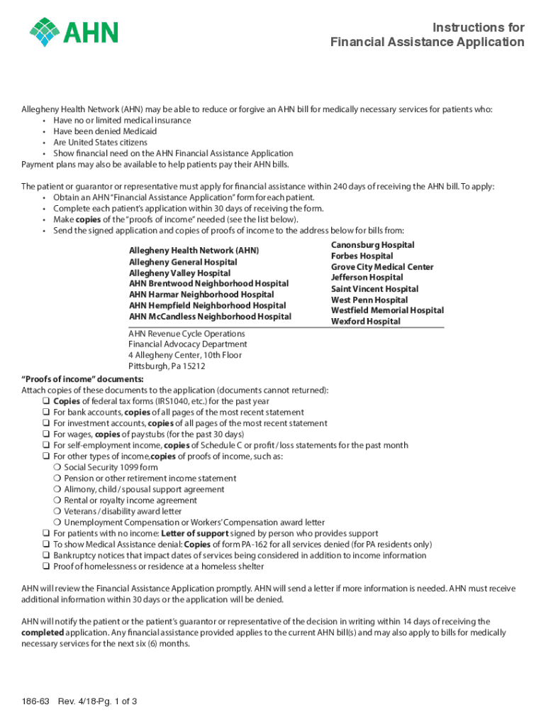 Allegheny Health Network Assistance  Form