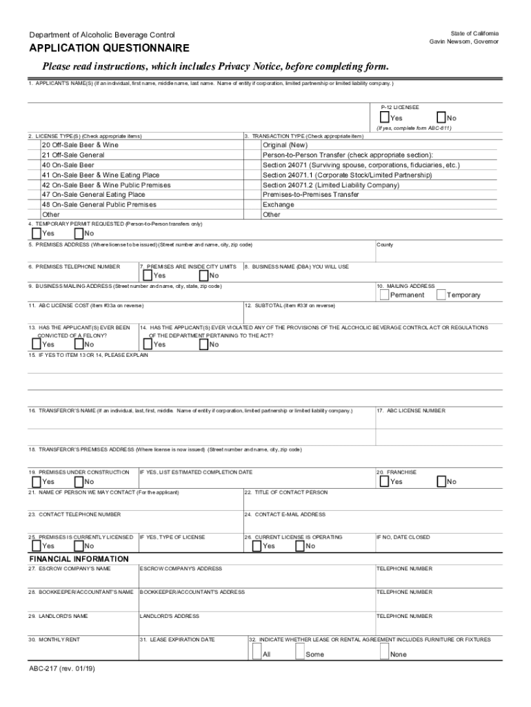  Application Questionnaire ABC 217 Application Questionnaire ABC 217 2019-2024