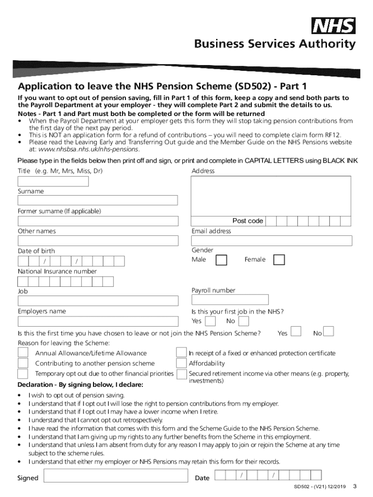  Nhs Pensions Form Sd502 2019-2023
