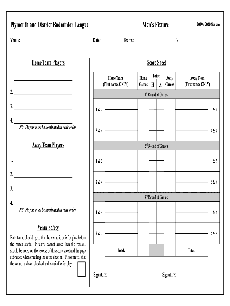 Badminton League Score Sheet  Form