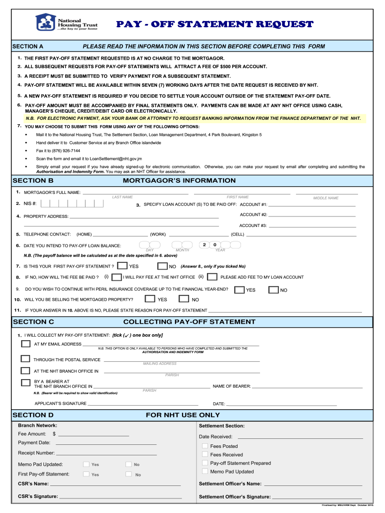 PAY off STATEMENT REQUEST Nht Gov Jm  Form