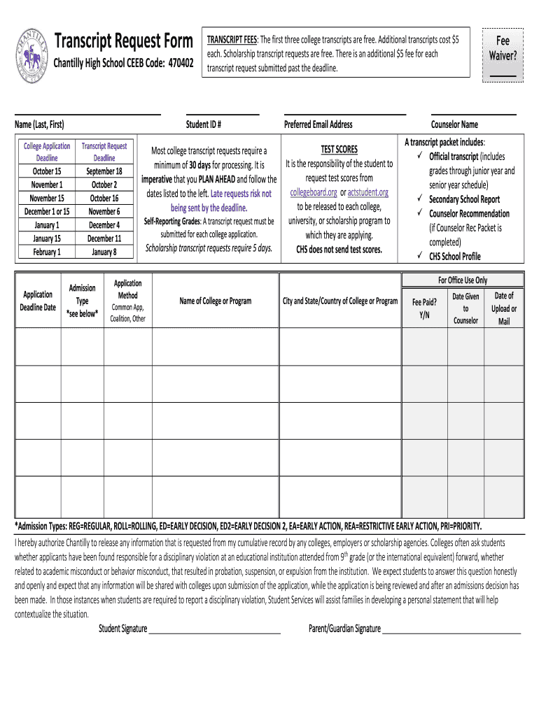  Transcript Request Form Chantilly High School 2019-2024