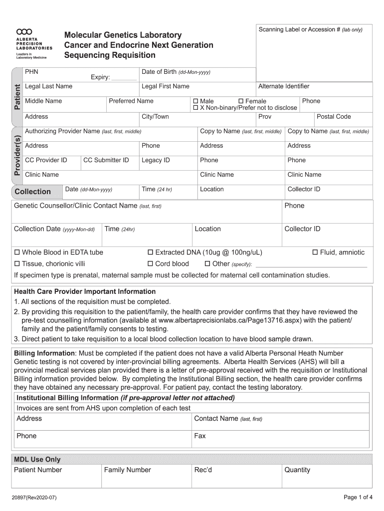  Molecular Diagnostic Laboratory Cancer and Endocrine Next Generation Sequencing Requisition Form 2020-2024