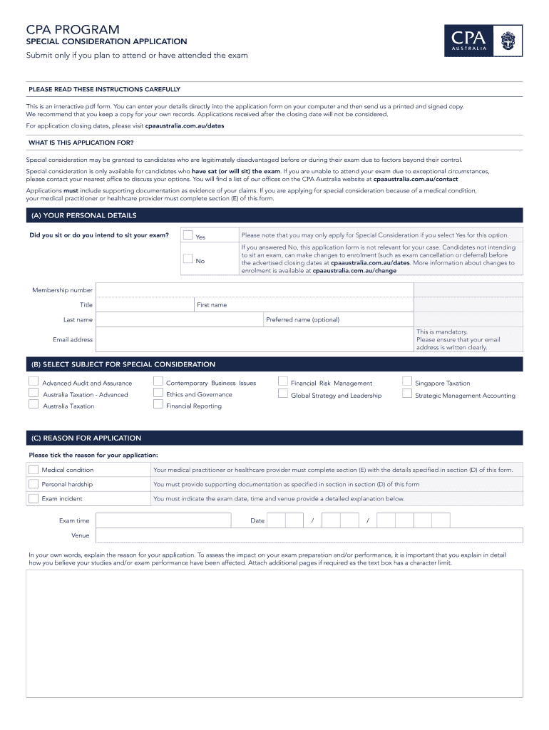 Special Consideration Application CPA Australia  Form