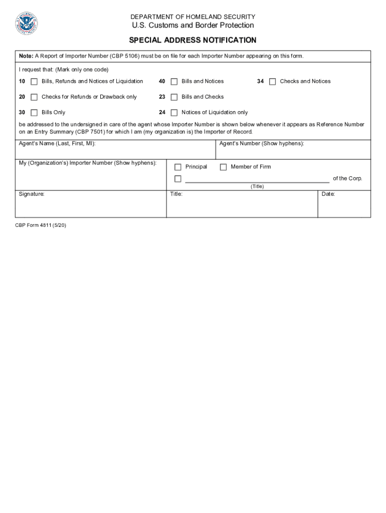 CBP Form 4811 SPECIAL ADDRESS NOTIFICATION