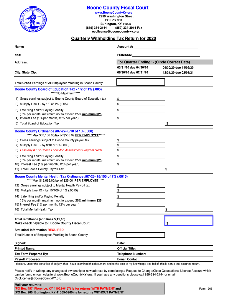  Amended Quarterly Withholding Form Boone County, KY 2020