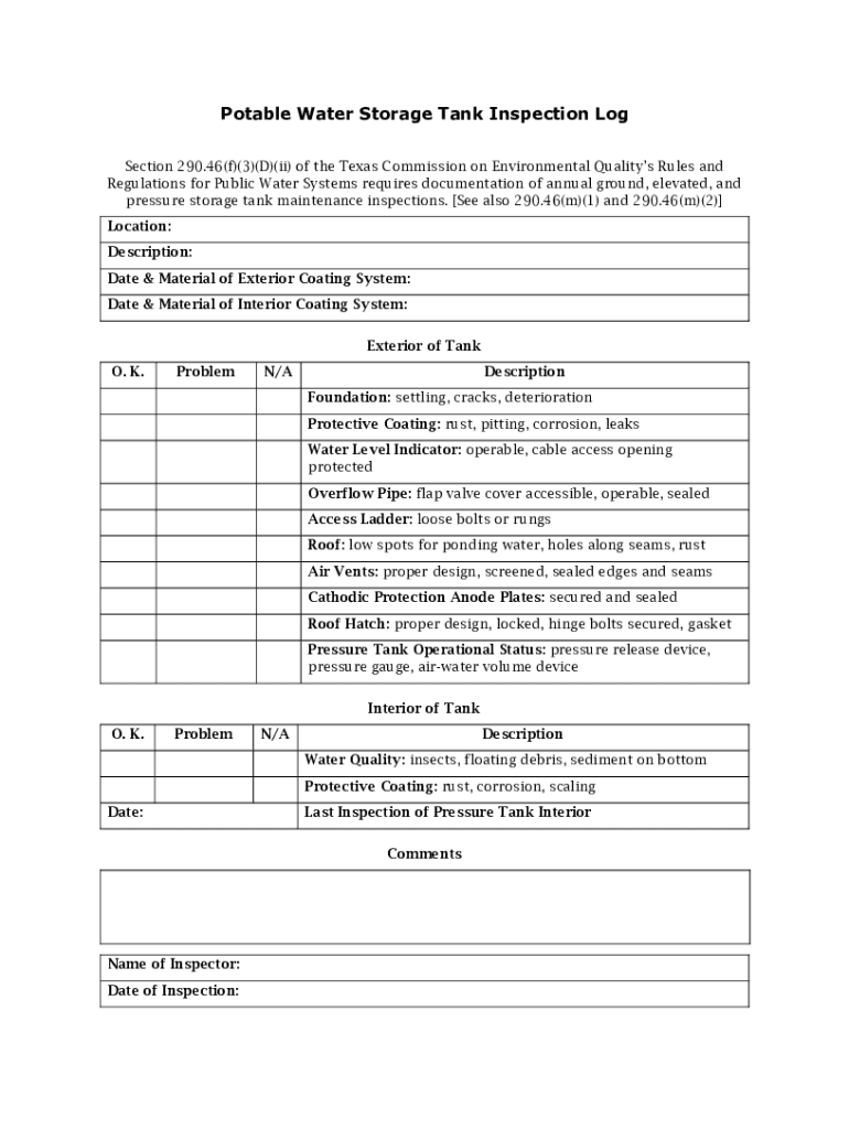 Potable Water Storage Tank Inspection Log  Form