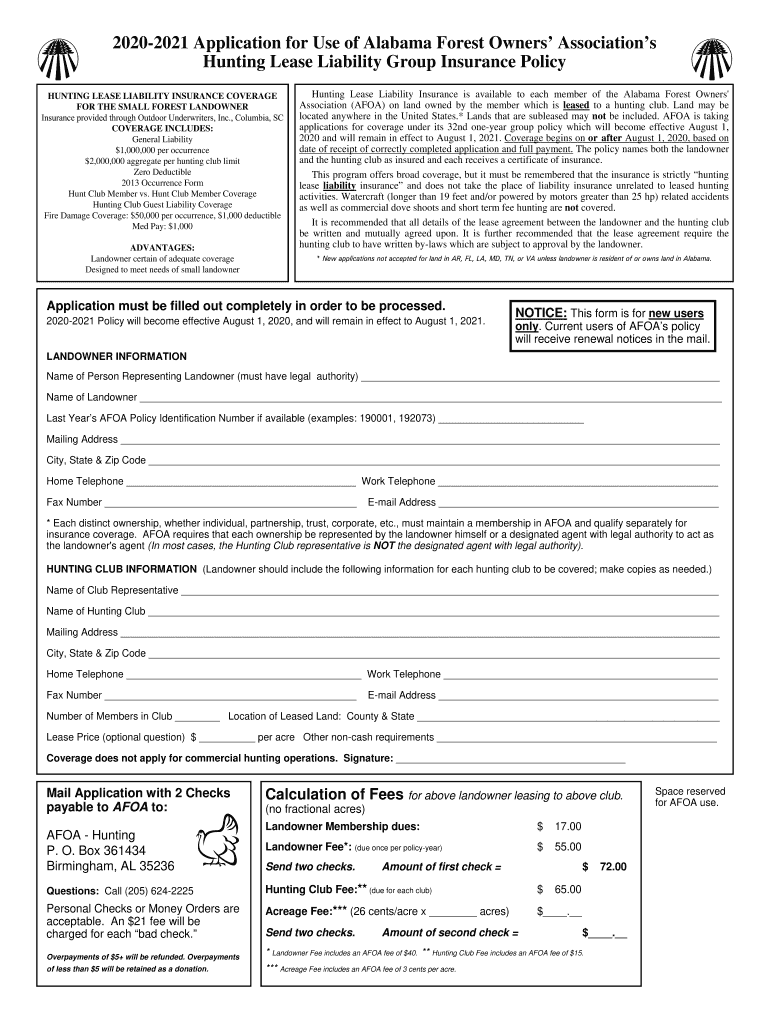  2021 Hunting Lease Liability Group Insurance Application 2020-2024