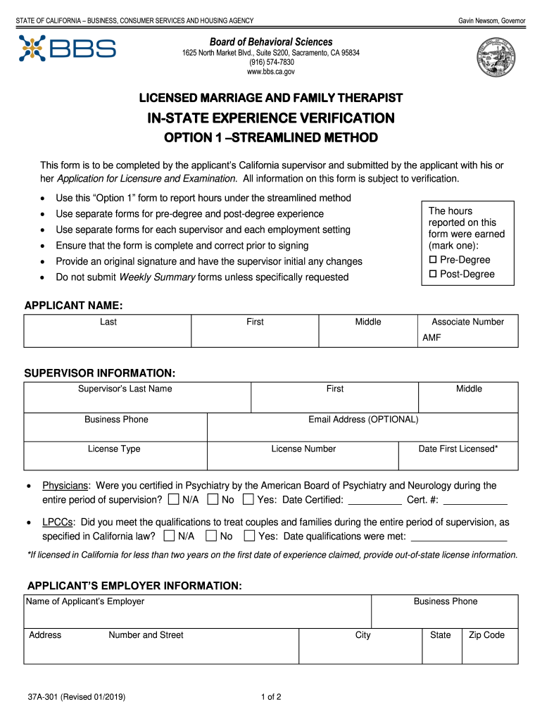  MFT in State Experience Verification Option 1 Board of 2019