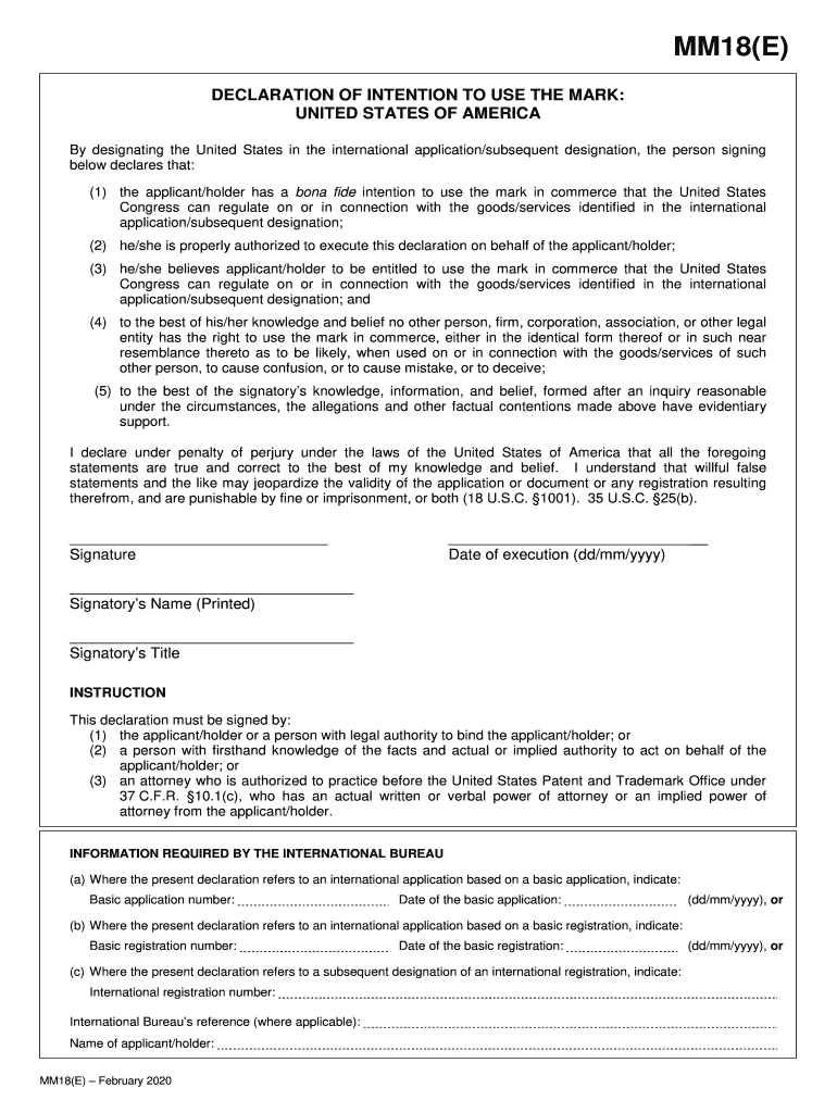  FORMMM18 Declaration of Intention to Use the Mark United 2020