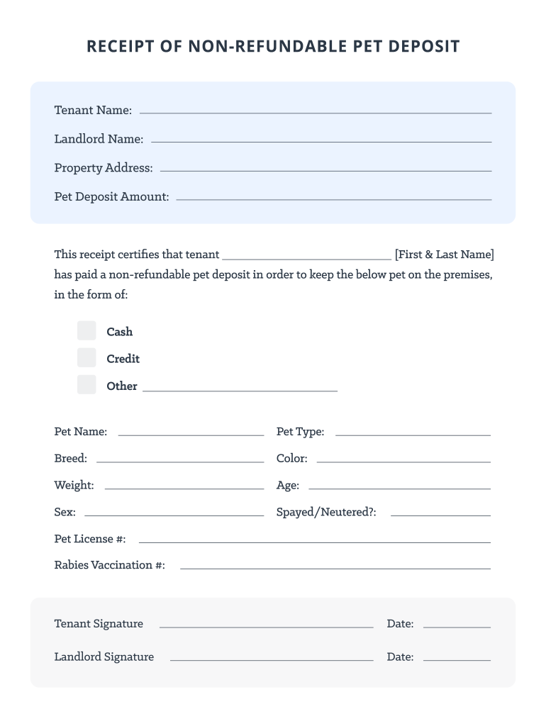 Printable Receipt of Non Refundable Pet Deposit  Form