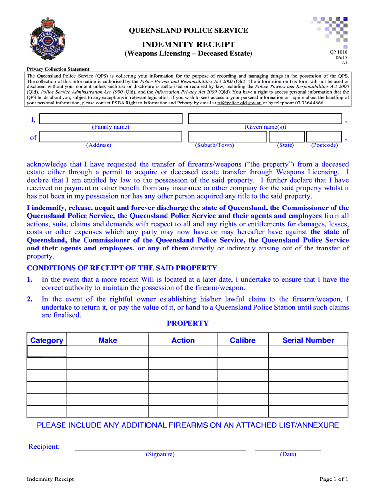 Indemnity Receipt  Form