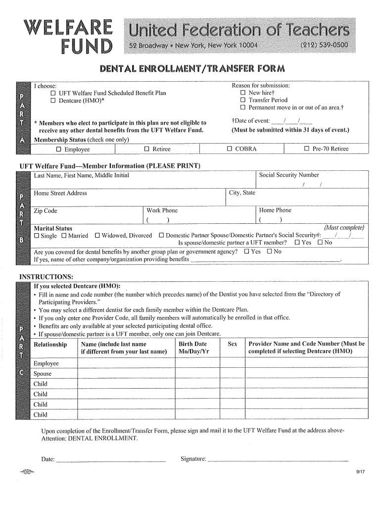  UFT Welfare Fund's Dental Transfer Form 2017-2024