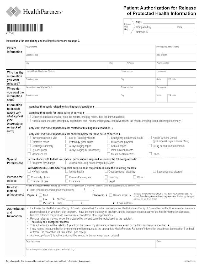  Patient Authorization for Release of Protected Health Information HealthPartners 2020-2024