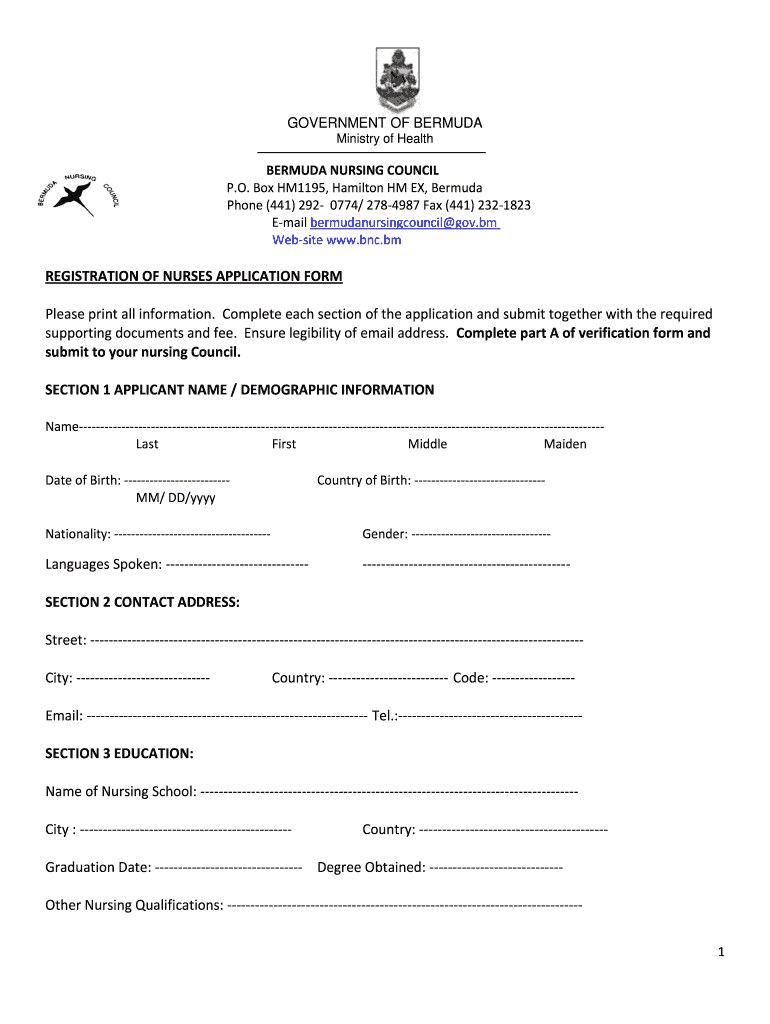 Bermuda Nursing Council Registration Requirements  Form
