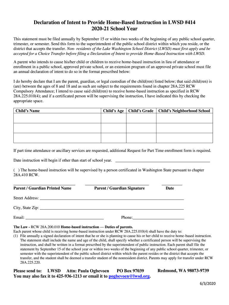Get and Sign Registration Lake Washington School District 2020-2022 Form