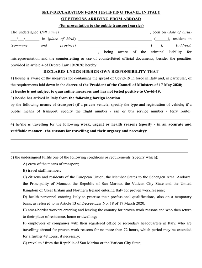 Self Declaration Form Justifying Travel in Italy Example