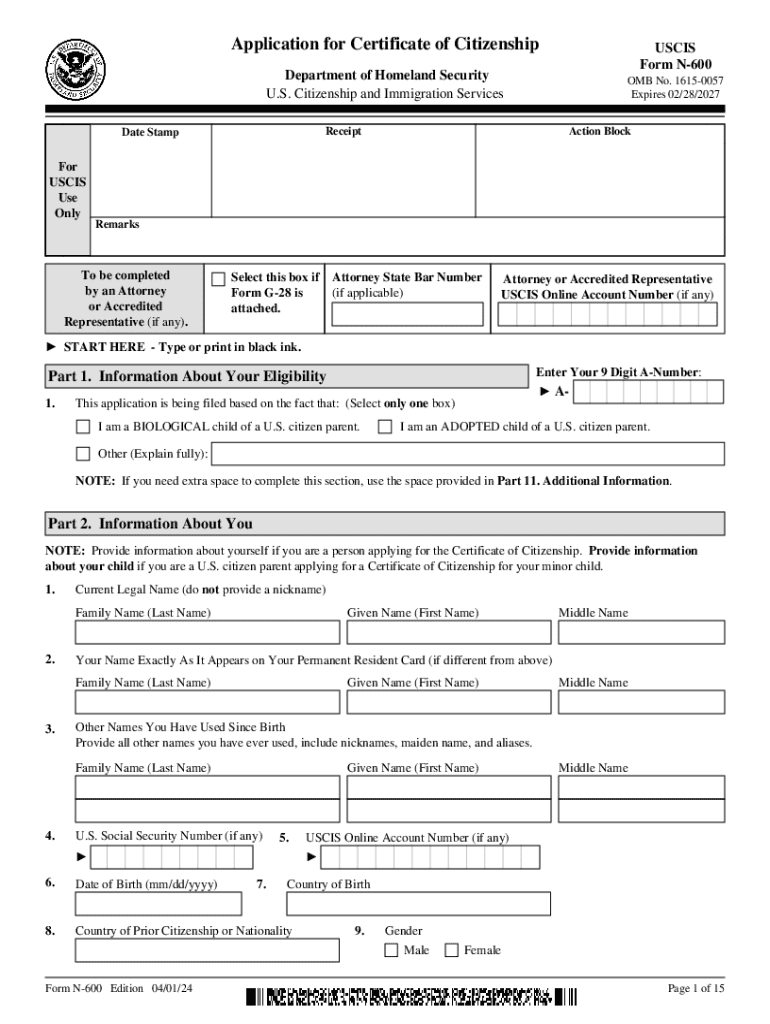 Application for Certificate of CitizenshipUSCIS Fo  Form