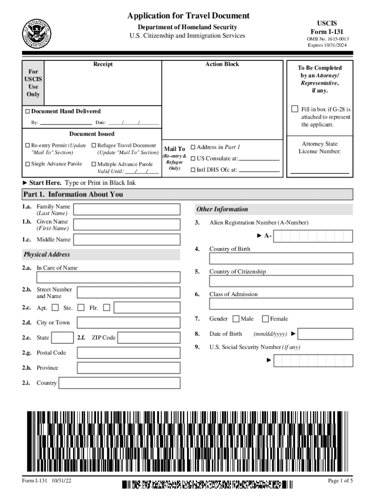  Application for Travel Document USCIS Form I131Dep 2022-2024